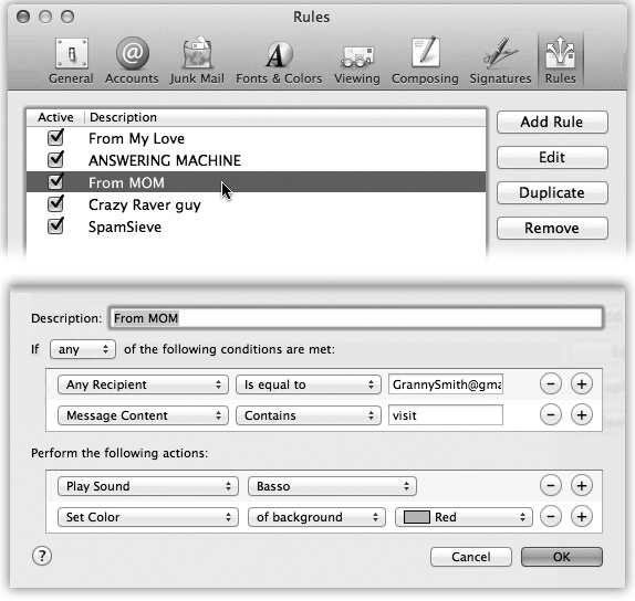 Top: Mail rules can screen out junk mail, serve as an email answering machine, or call important messages to your attention. All mail message rules you’ve created appear in this list. (The color shading for each rule is a reflection of the colorizing options you’ve set up, if any.)Bottom: Double-click a rule to open the Edit Rule dialog box, where you can specify what should set off the rule and what it should do in response.