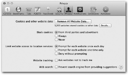 This dialog box is Privacy Central for the Safari browser. Here you can control which cookies you want to accept, you can remove any detritus commercial Web sites have bequeathed you, and you can get a handle on Web sites that try to track you.