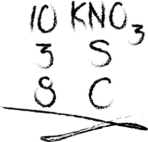 In row 1: 10 KNO3(3 is in subscript); In row 2: 3 S: In row 3: g C. There is a line underneath the third row