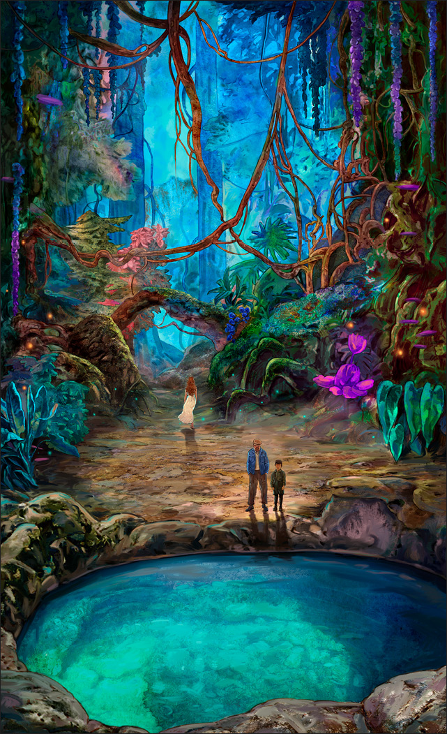 A man and young boy looking down into a lake. Behind them, a lady in white is walking into the forest.