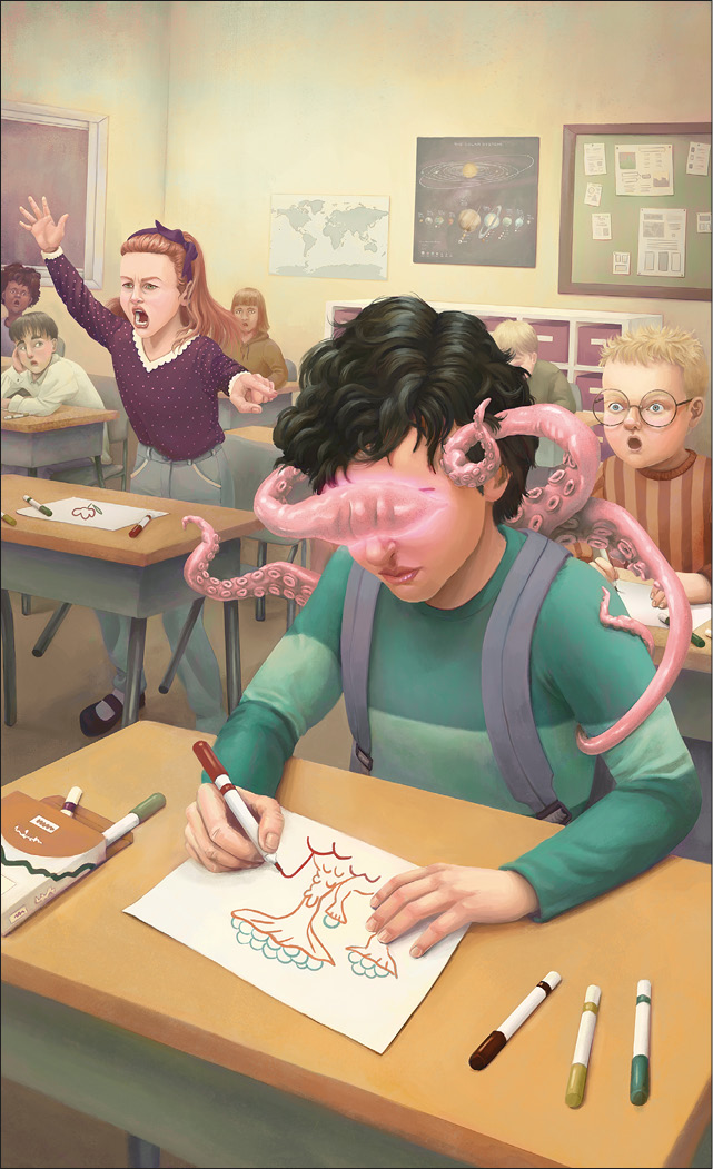 Student sitting at a desk drawing a picture. The tentacles of a squidlike creature is wrapping its arms around the childs shoulders. Other stuents looking on in shock.