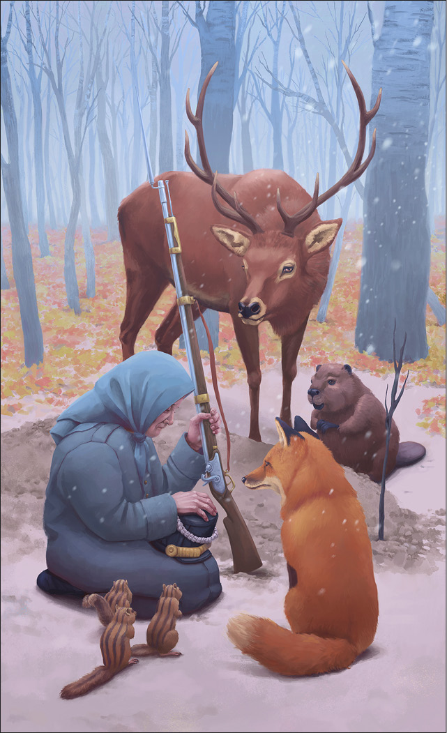 Old woman sitting in the snow holding a rifle in one hand an an arm cap in the other. An antlered buck, beaver, fox and family of squirrels surround her.