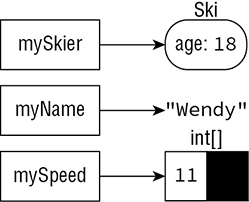 Chart shows variables like mySkier, myName, and mySpeed, where mySkier is connected to ski age: 18, myName is connected to “Wendy”, and mySpeed is connected to int[] block numbered as 11.