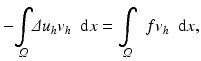 $$ -\underset{\varOmega }{{\displaystyle \int }}\varDelta {u}_h{v}_h\kern0.5em \mathrm{d}x=\underset{\varOmega }{{\displaystyle \int }}\kern0.5em f{v}_h\kern0.5em \mathrm{d}x, $$