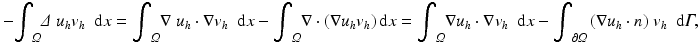 $$ -{\displaystyle {\int}_{\varOmega}\varDelta}\;{u}_h{v}_h\kern0.5em \mathrm{d}x={\displaystyle {\int}_{\varOmega}\nabla}\;{u}_h\cdot \nabla {v}_h\kern0.5em \mathrm{d}x-{\displaystyle {\int}_{\varOmega}\nabla}\cdot \left(\nabla {u}_h{v}_h\right)\mathrm{d}x={\displaystyle {\int}_{\varOmega}\nabla }{u}_h\cdot \nabla {v}_h\kern0.5em \mathrm{d}x-{\displaystyle {\int}_{\partial \varOmega}\left(\nabla {u}_h\cdot n\right)\;}{v}_h\kern0.5em \mathrm{d}\varGamma, $$