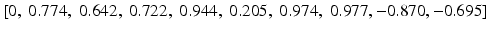 $$ \left[0,\ 0.774,\ 0.642,\ 0.722,\ 0.944,\ 0.205,\ 0.974,\ 0.977, - 0.870, - 0.695\right] $$