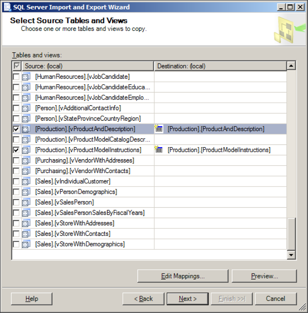 Selecting source tables and views.