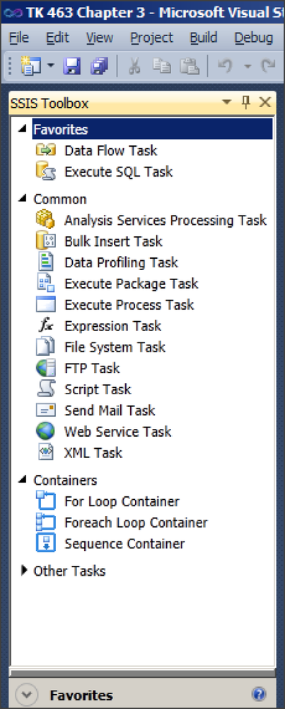 The SSIS Toolbox in the context of an SSIS package.