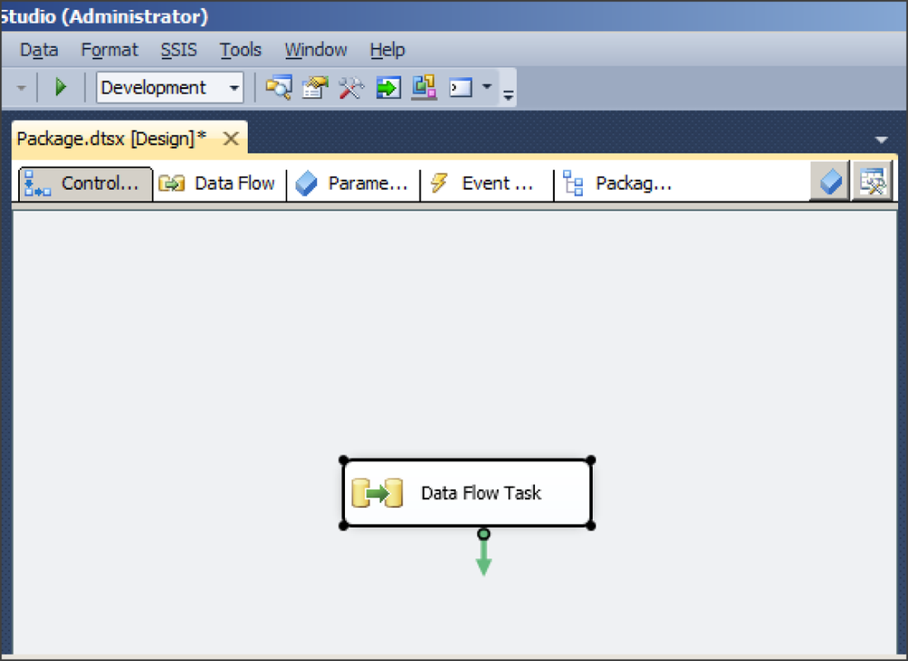 The SSIS package pane with a Data Flow Task.