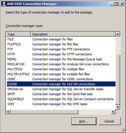 The Add SSIS Connection Manager dialog box.