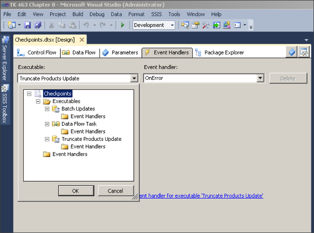 Defining event handlers on the Event Handlers tab of the SSIS Designer.