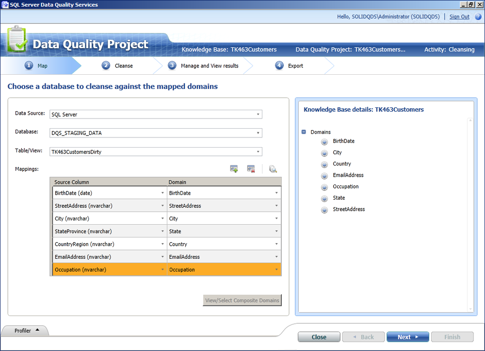 Mappings between columns and domains in the cleansing project.