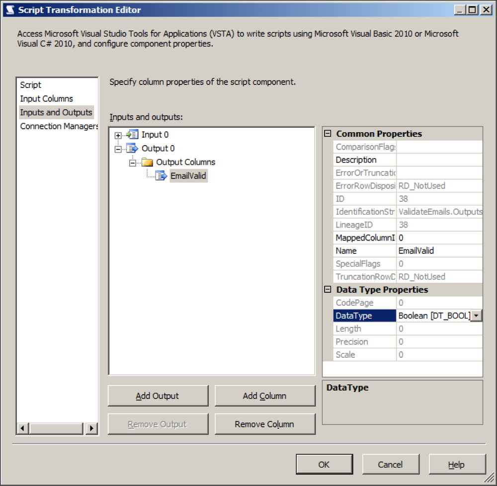 Adding an output column to the script component.