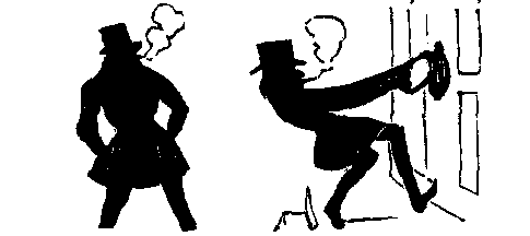 Two smoking men wearing tophats try to pull a door knocker off of a door.