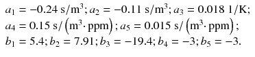 $$ \begin{array}{l}{a}_1=-0.24\ \mathrm{s}/{\mathrm{m}}^3;{a}_2=-0.11\ \mathrm{s}/{\mathrm{m}}^3;{a}_3 = 0.018\ 1/\mathrm{K};\\ {}{a}_4 = 0.15\ \mathrm{s}/\left({\mathrm{m}}^3\cdotp \mathrm{ppm}\right);{a}_5 = 0.015\ \mathrm{s}/\left({\mathrm{m}}^3\cdotp \mathrm{ppm}\right);\\ {}{b}_1 = 5.4;{b}_2 = 7.91;{b}_3=-19.4;{b}_4=-3;{b}_5=-3.\end{array} $$