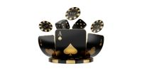 A black and gold poker cards and dice  Description automatically generated