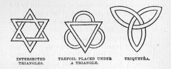 Intersected triangles. Trefoil placed under a triangle. Trequetra.