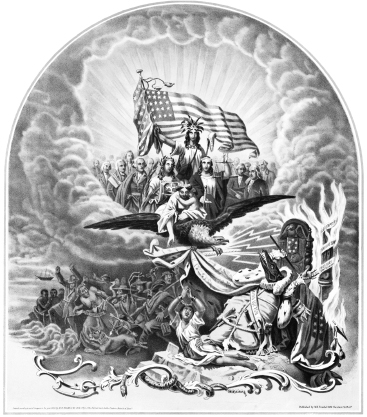 1. The Triumph, by Morris Traubel, 1861. A German immigrant artist portrays Liberty leading Humanity, Christianity, Justice, and the founding fathers in triumph over the enslaved realm of a crocodilian King Cotton. (LIBRARY OF CONGRESS)