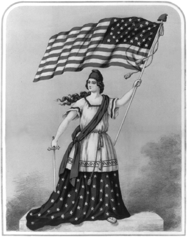 27. The American Flag, by Gilmour and Dean. These Scottish lithographers depicted Liberty in American dress brandishing a flag and sword and wearing a Phrygian cap. (LIBRARY OF CONGRESS)