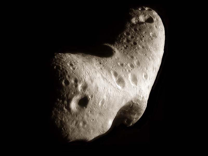 NASA created this image of Eros from a 3D model built from high-resolution measurements from the NEAR Shoemaker probe.