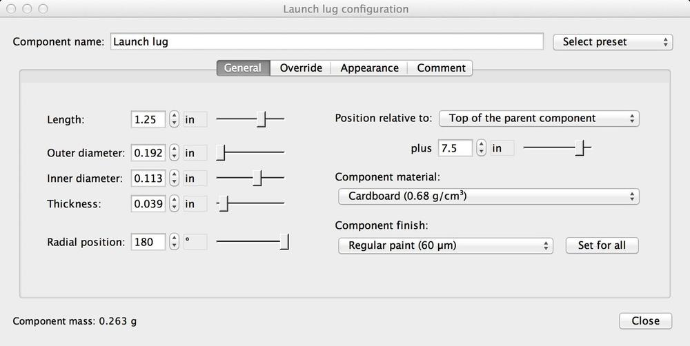 Add the launch lug to the body tube. The values shown are for a 1/8” launch lug. Is that what you will use? If not, select an appropriate size.