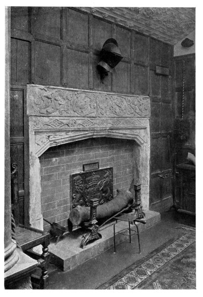 FIG. 1.—OLD FIREPLACE, SHOWING SUSSEX BACK, ANDIRONS, AND TRIVET. Frontispiece.