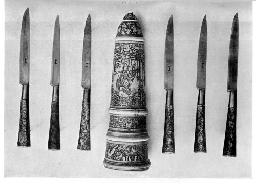 FIG. 18.—HANDSOMELY DECORATED KNIFE CASE AND CONTENTS. (In the Victoria and Albert Museum.)