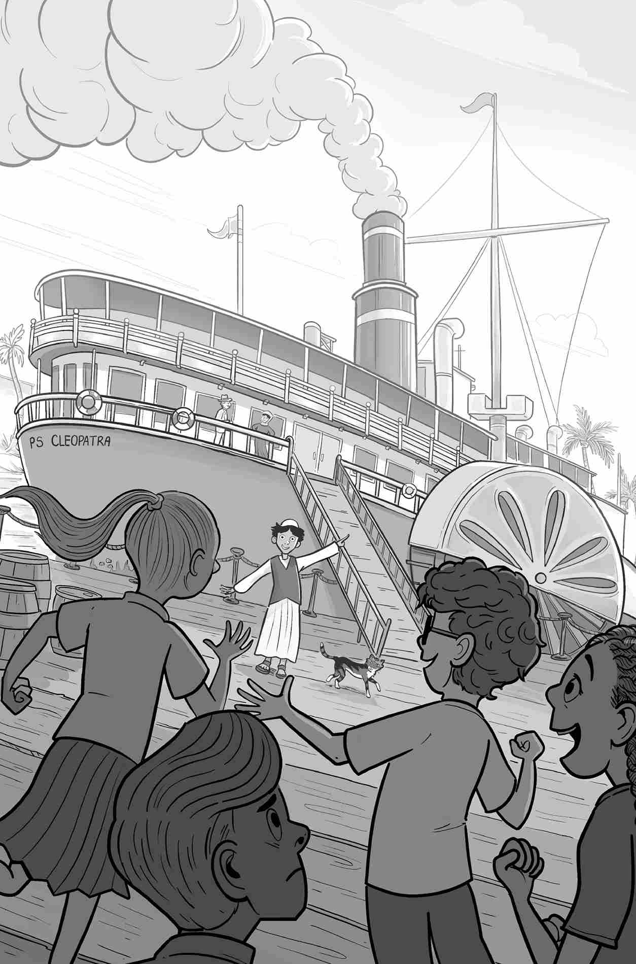 Leah, George, William and Mimi watch as Khalid stands gesturing with his hand in front of a huge boat named PS Cleopatra. The boat features a big wheel, a two-story deck, and a large chimney at the centre.