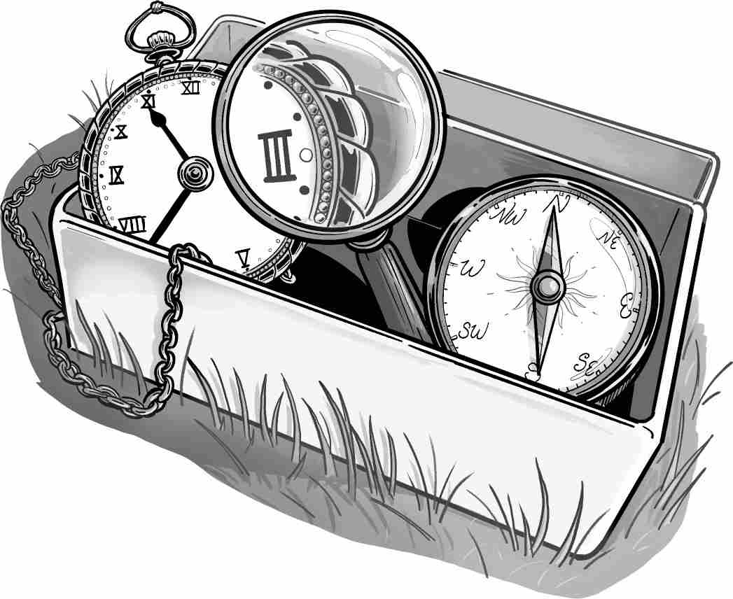 A pocket watch, a compass and a magnifying glass nestled inside a small box.