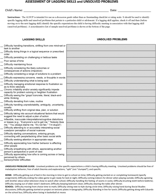 Figure depicting a form for assessment of lagging skills and unsolved problems (ALSUP) that enquires about child's name and the date of filling the form. Down on the left-hand side is the list of lagging skills and on the right-hand side is space where unsolved problems are documented.