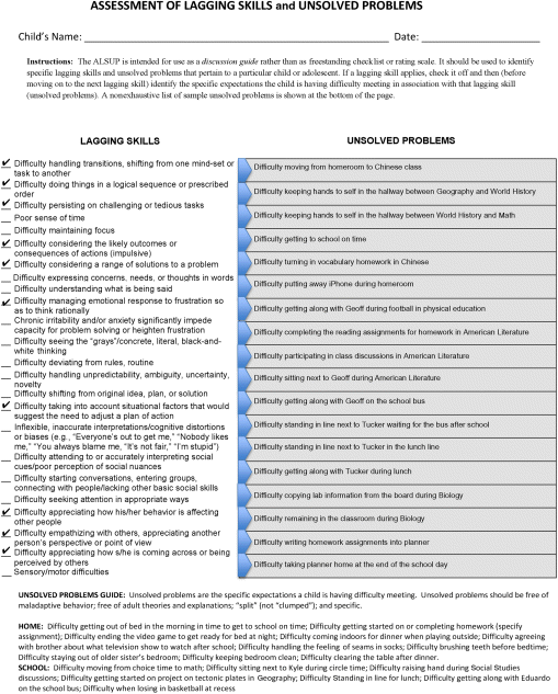 Figure depicting a completed ALSUP where some of the lagging skills are checked and the unsolved problems are documented.