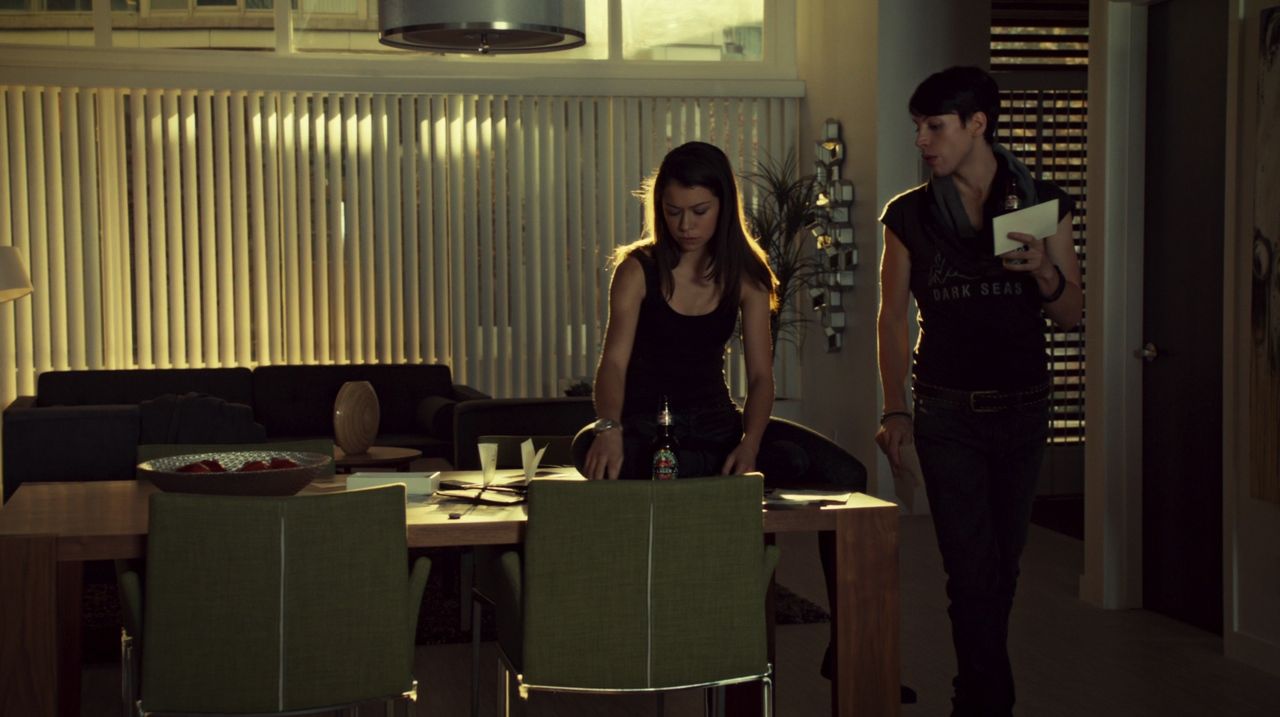 Frame from Orphan Black pilot with Sarah Manning and her foster brother, Felix, in Beth Child’s apartment.