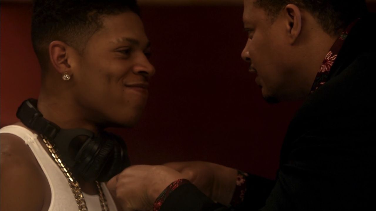 Frame from Empire pilot with Lucious Lyon and his son Hakeem in a sound booth.