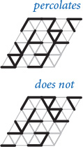 Figure shows two four-by-four parallelogram grids labeled "percolates," and "does not," with solid lines forming unique patterns in each square.