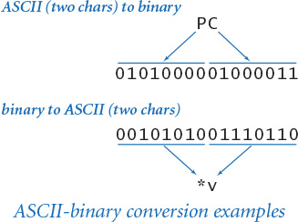 Examples of ASCII to binary and binary to ASCII conversion are shown.