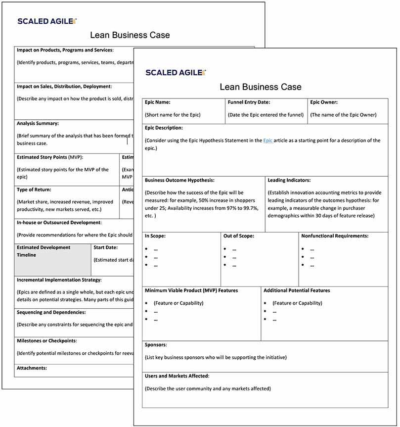 A sample format of the Lean Business Case is displayed on a sheet of paper.