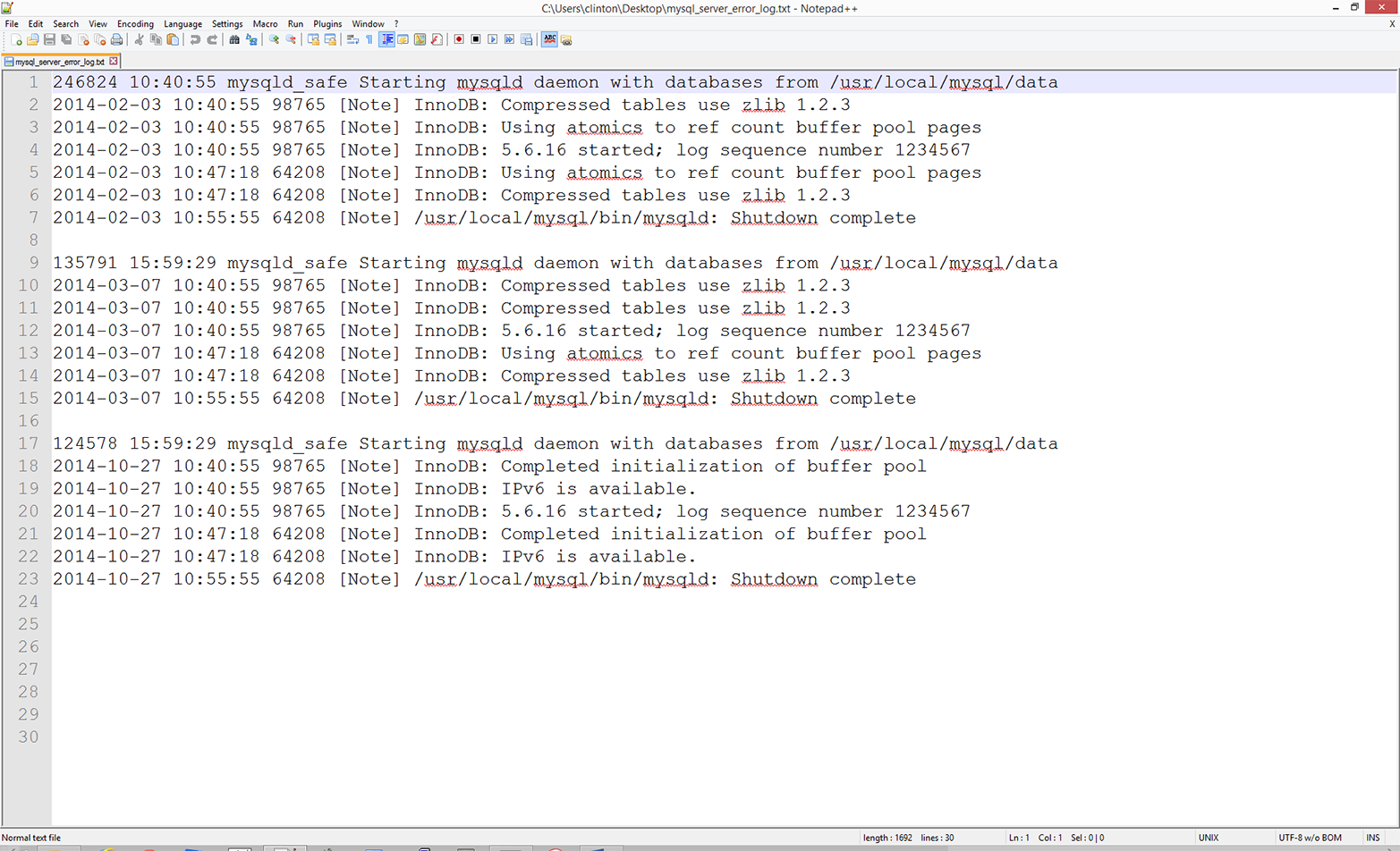 Example MySQL database error log data for a text file named mysql_server_error_log.txt, displayed in Notepad++