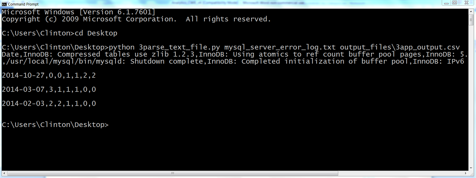 This figure displays the result of running 3parse_text_file.py on the MySQL error log text file, mysql_server_error_log.txt. The output shows the data written to the output file, 3app_output.csv. The first row is the column headings in the output file, including a date column and a column for each of the unique error messages. The remaining rows show the number of times each error message occurred on each date.