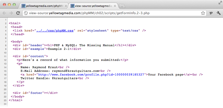 If you’ve not done a lot of web development, you may not be used to looking at your web page’s source code. But you’ll want to get comfortable viewing the source; it’s one of your best ways to see what’s really in the HTML your scripts generate.