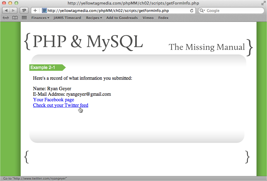 You may want to update your PHP script even further, to add some additional style and formatting. You may want to change things to read from your user’s perspective: “My name,” and “Check out my Twitter page.” Don’t be afraid to experiment, now that you’re getting comfortable with your PHP script.