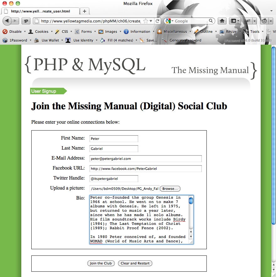 Nothing about your form looks different when you add a new file input element or change your form to submit multipart data. Behind the scenes, though, your form now is sending not just the name that ends up in each form field, but anything that’s connected to that name—like the file that’s actually selected when your user clicks the Browse button.