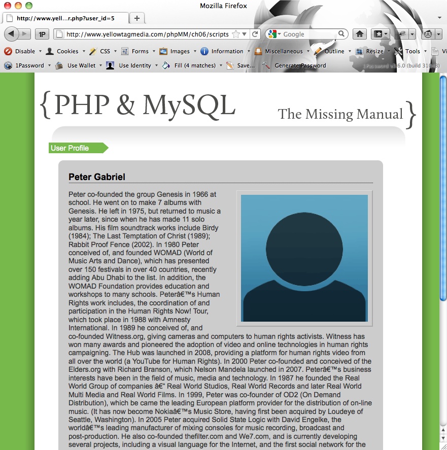 Think about all that’s really going on here. Your user types and clicks, but behind the scenes, that form gets submitted to your script on the server. That script inserts data into a database. Then it tells the user’s browser to go visit another script, which asks the database for everything about a particular user. Finally, your user gets to see all this…instants later. This is a far cry from just HTML, CSS, and JavaScript. Welcome to web programming!