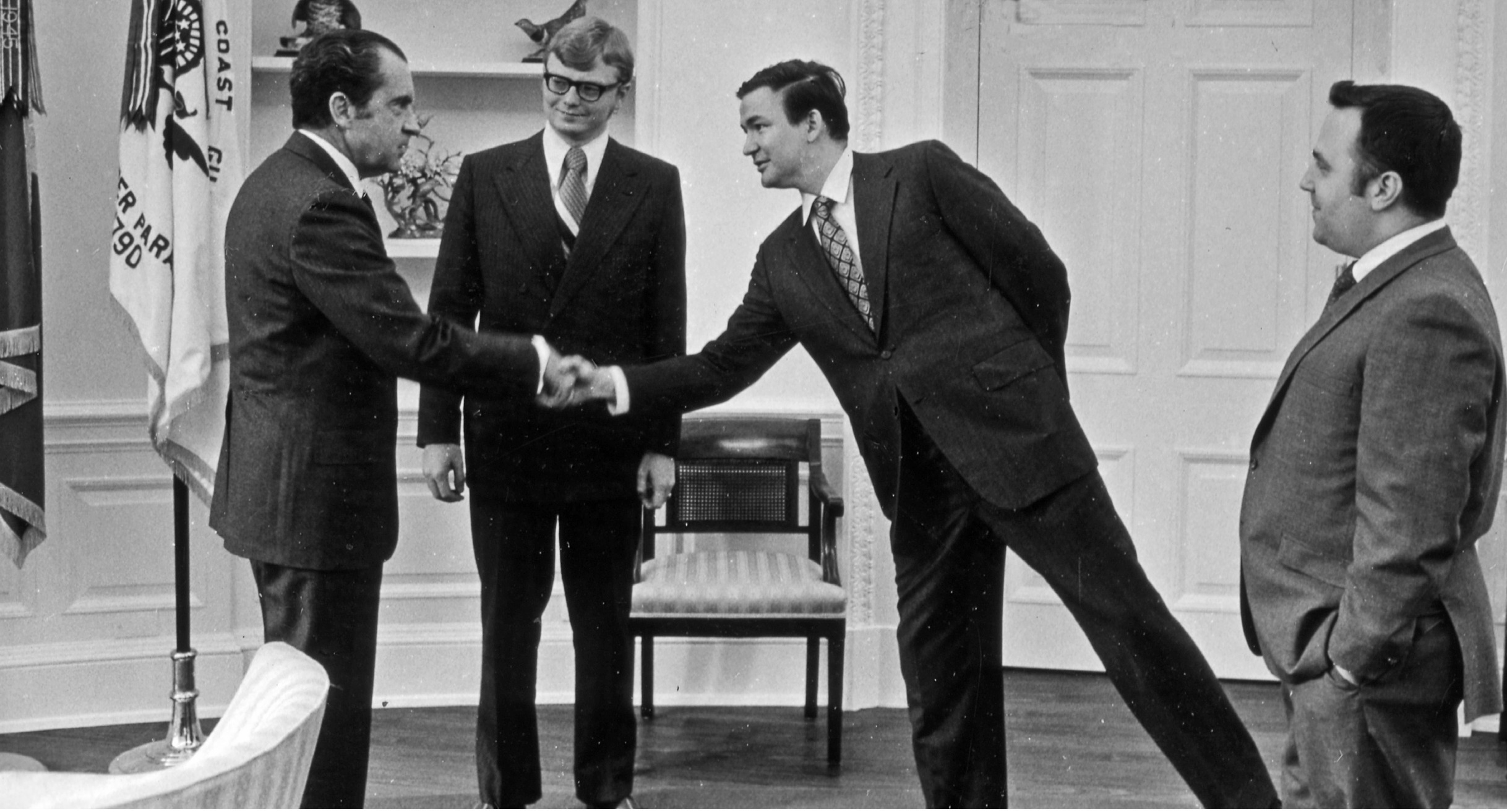 President Nixon, with Ken Smith, me, and Lyndon K. (Mort) Allin  (right) , editor of the President’s Daily News Summary, which was on his desk every morning when he came into the Oval Office and which he read first.  (Courtesy of the Nixon Presidential Library)