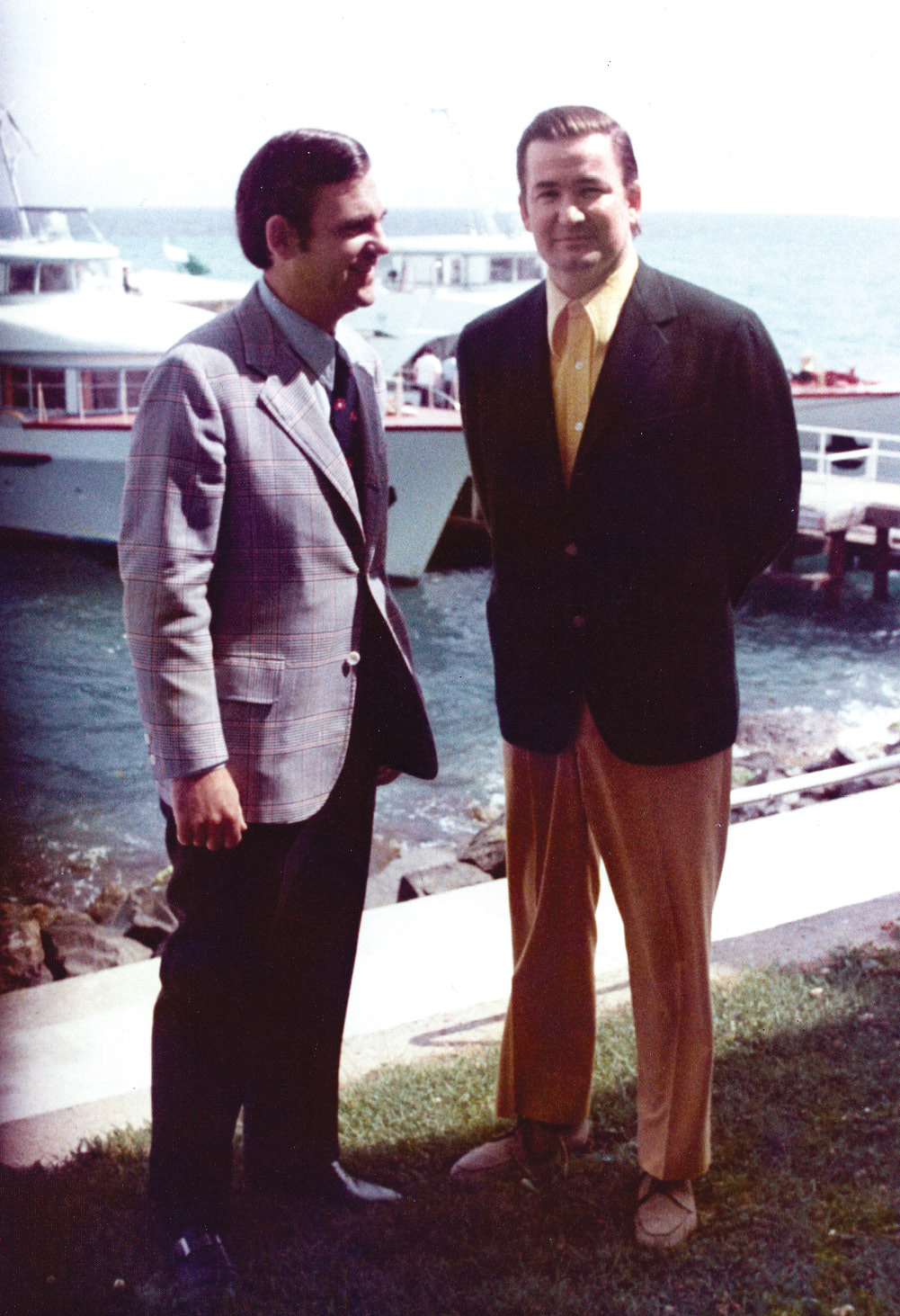 With Press Secretary Ron Ziegler in front of the dock and Premier Leonid Brezhnev’s twin yachts at Yalta in the Crimea, before the “Boating Party” on the Black Sea.  (White House Photo)