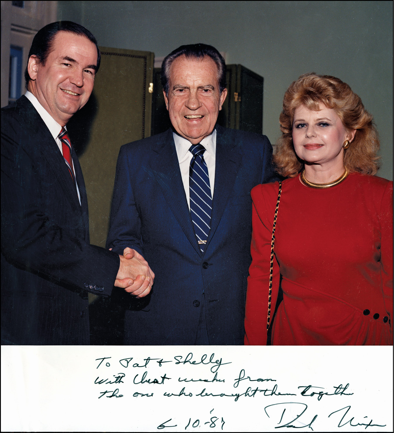 With Shelley and Richard Nixon, 1987. The inscription reads: “To Pat and Shelley, with best wishes from the one who brought them together.”  (Nydia Leiby)