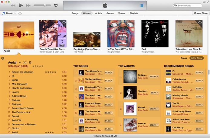 iTunes Store content that displays when viewing an album in an iTunes library. Notice the brown In the Store button at the upper right of the orange-colored expanded album view.