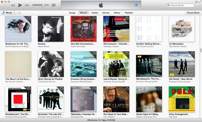 Albums view shows just album art, and many album titles and artist names are truncated.