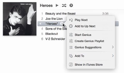 A popover menu displays only when you click the More icon. The icon appears when you hover over an item in your iTunes library.