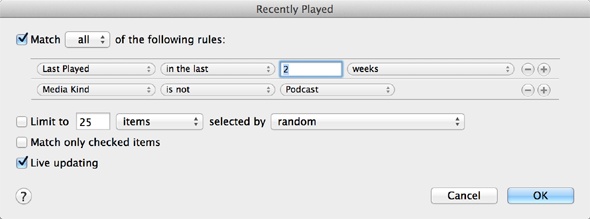 This is a simple smart playlist, but you can make much more complex playlists in this dialog.