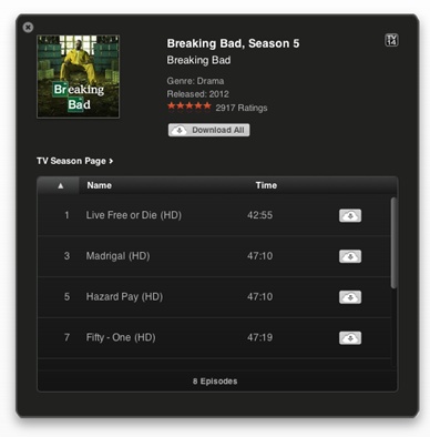 When you click on a TV season (shown here), or an album, you see a pop-up window which lets you download all the songs or episodes, or individual items.